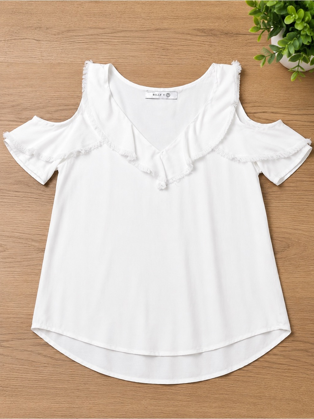 Billy T Cold-Shoulder White Ruffle V-Neck Blouse